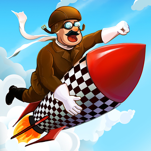 High Diver character riding a checkered rocket through a bright blue sky.